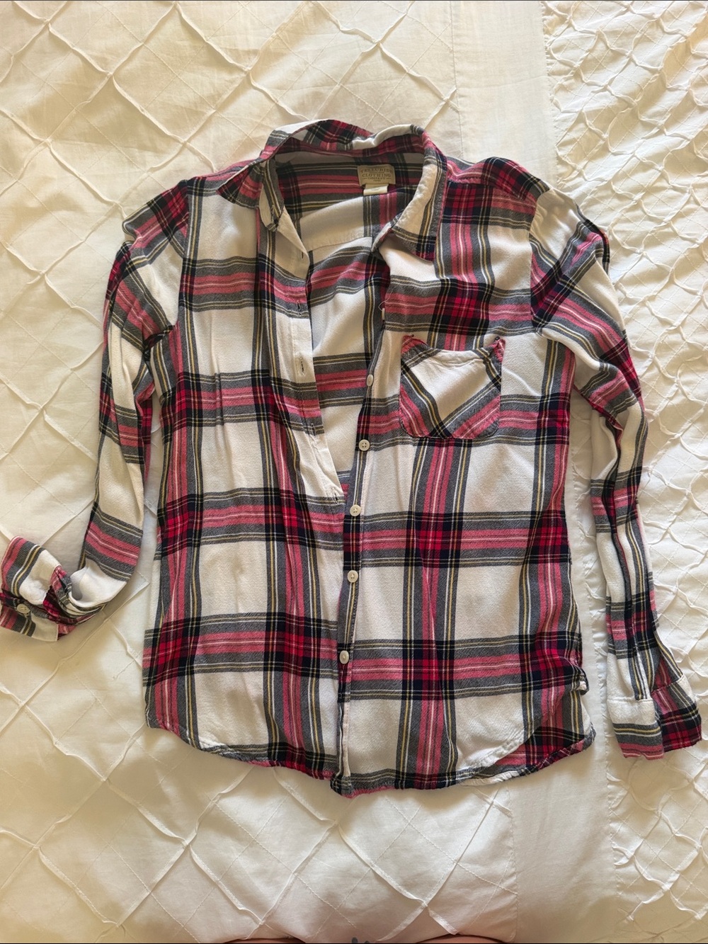 Lightweight Plaid Button-Up Shirt in White and Bright Pink